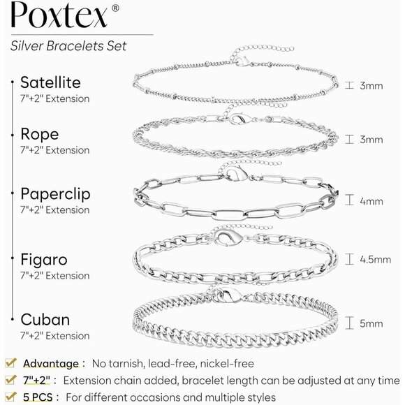 Silver-04 Dainty Stack Cuban Beaded Paperclip Bracelets Jewelry Gifts for Women - Picture 6 of 7